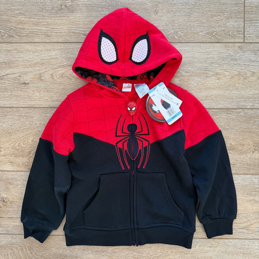 Marvel Spider-Man zip-up hoodie features red black‎ color-blocked Sz 6/7 NEW
